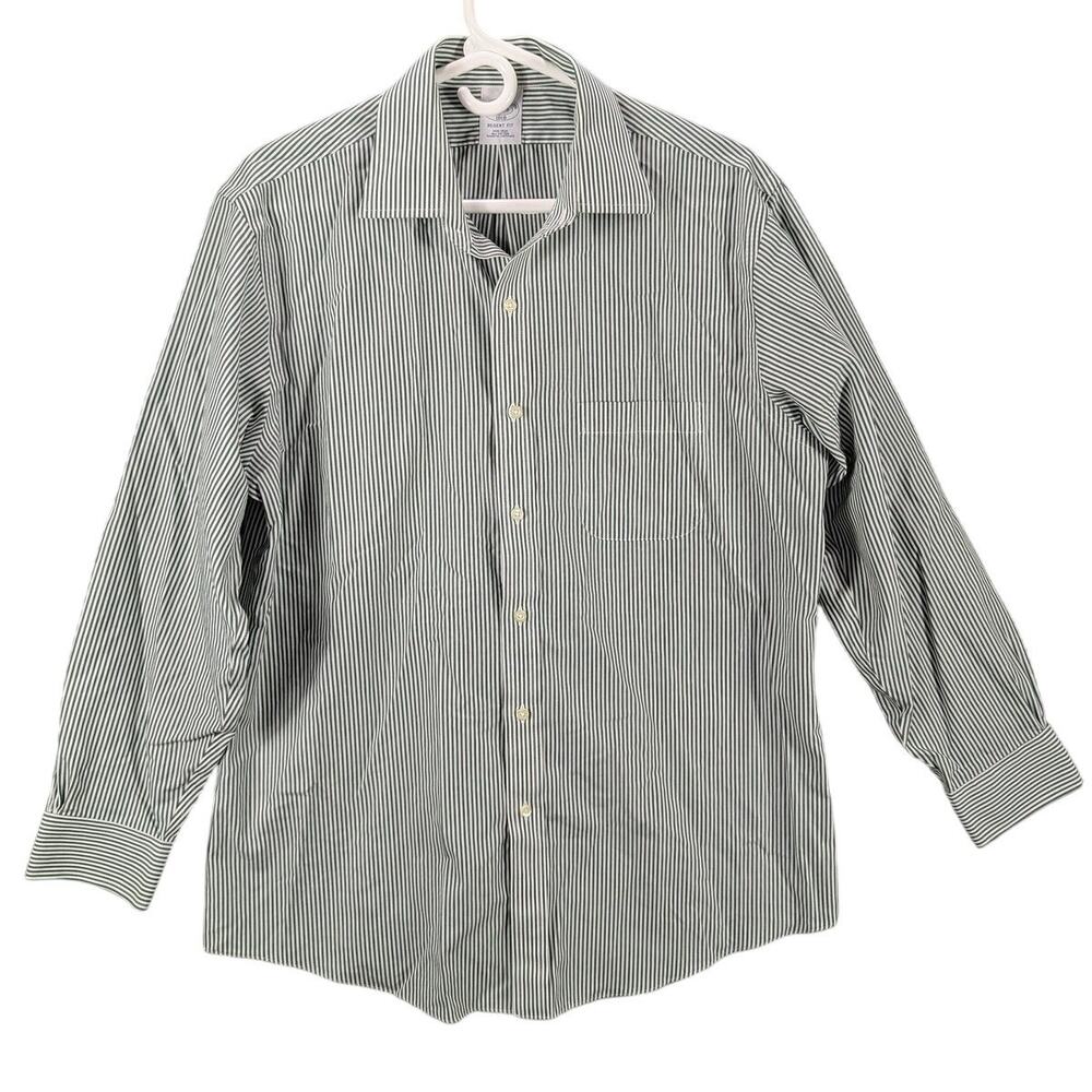 Brooks Brothers Shirt Mens 16 2/3 Green White Stripe Regent Fit Non Iron Cotton